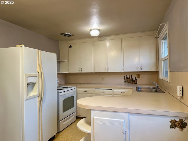 kitchen featuring sink, white appliances, and white cabinets