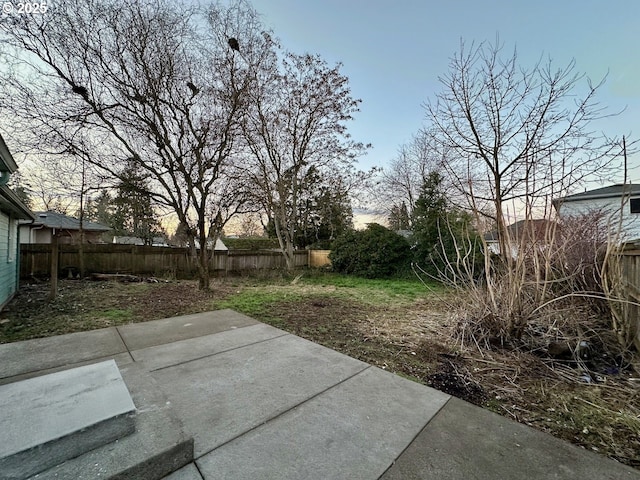 yard at dusk featuring a patio