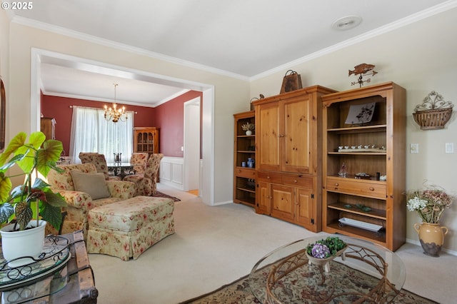 16295 NW Energia St, Portland, OR 97229 - living area with light carpet, a chandelier, and crown molding