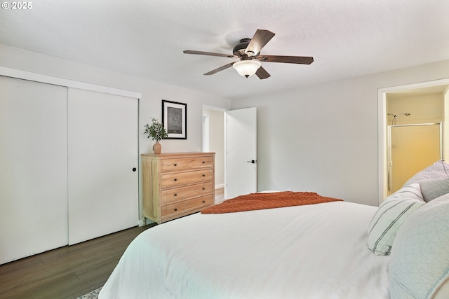 16905 Webster Rd, Gladstone, OR 97027 - bedroom featuring dark wood-style flooring, a closet, a ceiling fan, and connected bathroom