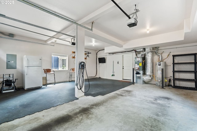 garage with freestanding refrigerator, water heater, a garage door opener, electric panel, and heating unit