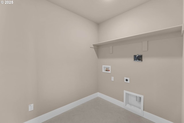 clothes washing area featuring baseboards, hookup for an electric dryer, hookup for a washing machine, and laundry area