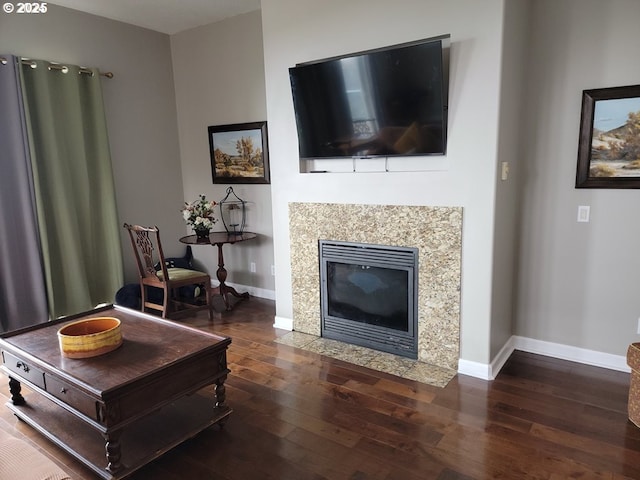 living room featuring dark wood-type flooring and a fireplace