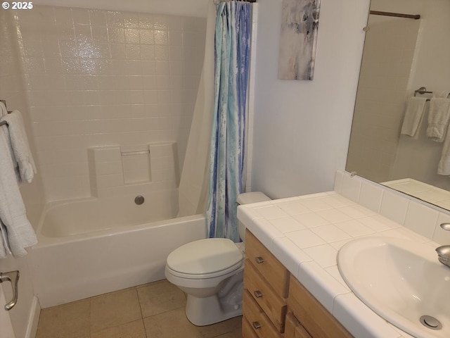 full bathroom featuring shower / bath combination with curtain, vanity, tile patterned floors, and toilet