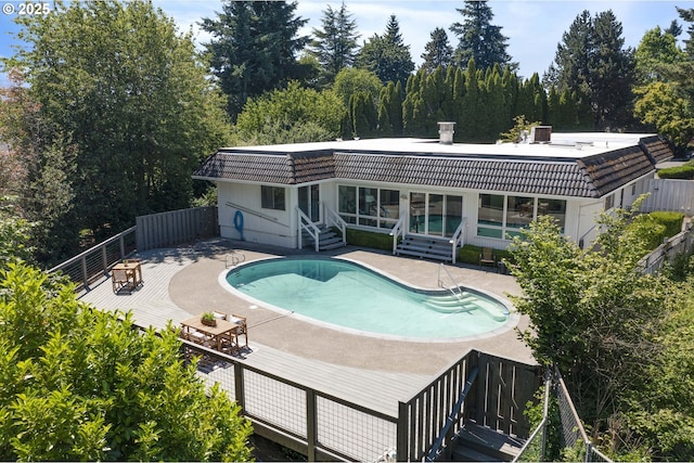 17141 Hofer Ct, Lake Oswego, OR 97034 - back of house featuring a patio area, entry steps, a tiled roof, and stairway