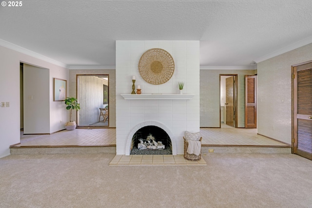 17141 Hofer Ct, Lake Oswego, OR 97034 - unfurnished living room with carpet flooring, ornamental molding, a fireplace, and a textured ceiling