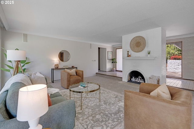 17141 Hofer Ct, Lake Oswego, OR 97034 - carpeted living area with a brick fireplace and crown molding