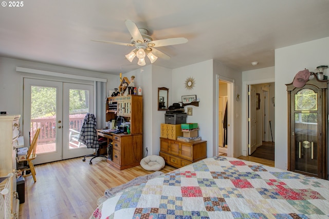 590 Fairchild St, Canyonville, OR 97417 - bedroom featuring access to exterior, a ceiling fan, light wood-style flooring, and french doors