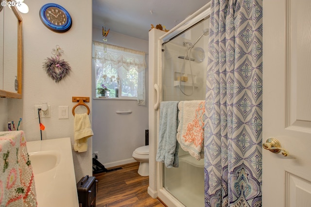 590 Fairchild St, Canyonville, OR 97417 - bathroom with vanity, wood finished floors, toilet, and a stall shower