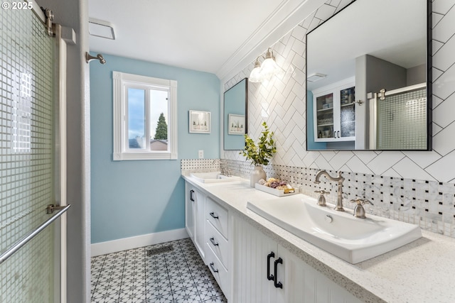 17948 SW Robert Ln, Beaverton, OR 97078 - full bathroom with tile patterned floors, backsplash, baseboards, double vanity, and a shower with shower door