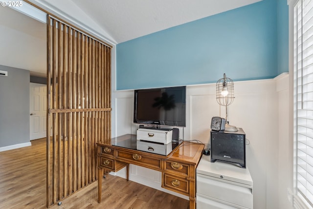 17948 SW Robert Ln, Beaverton, OR 97078 - home office featuring a wainscoted wall, vaulted ceiling, and wood finished floors
