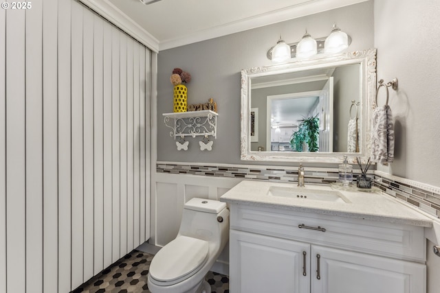17948 SW Robert Ln, Beaverton, OR 97078 - bathroom with vanity, crown molding, toilet, and wainscoting