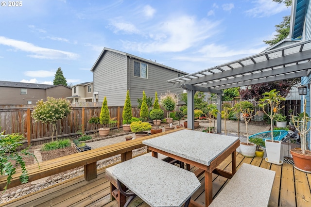 17948 SW Robert Ln, Beaverton, OR 97078 - wooden terrace featuring a pergola, outdoor dining area, and a fenced backyard