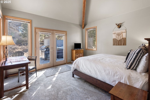 18144 Maury Mountain Ln, Sunriver, OR 97707 - carpeted bedroom featuring french doors, access to outside, and vaulted ceiling with beams