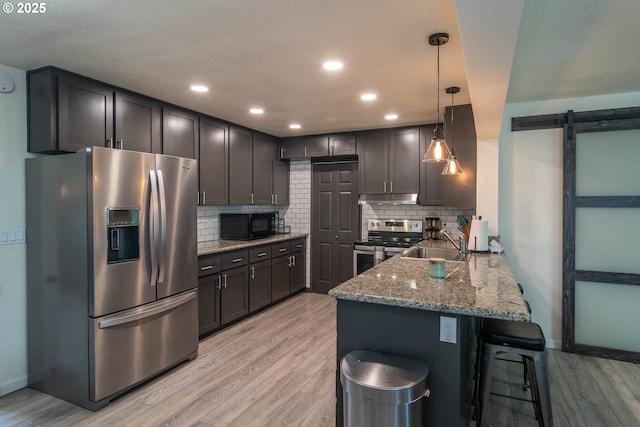 4033 Hanna St, Roseburg, OR 97471 - kitchen with stainless steel appliances, light wood-style floors, a barn door, light stone countertops, and recessed lighting