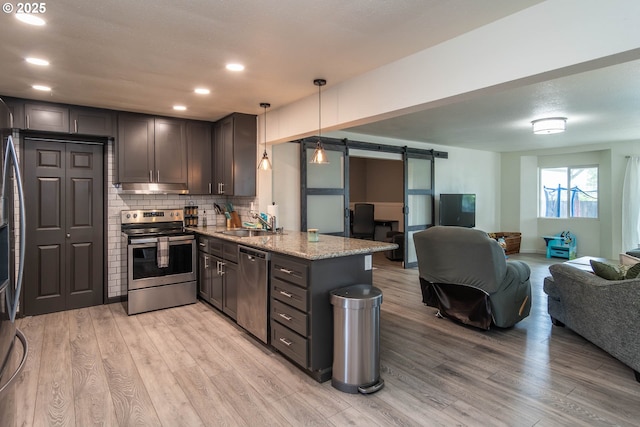4033 Hanna St, Roseburg, OR 97471 - kitchen featuring stainless steel appliances, a peninsula, a barn door, open floor plan, and light stone countertops