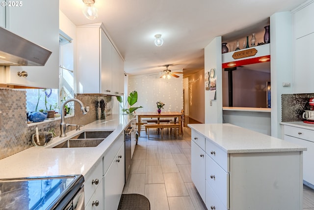 kitchen featuring white cabinets, a center island, stainless steel appliances, ventilation hood, and a sink