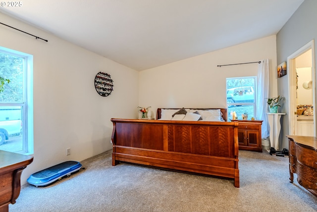 bedroom with lofted ceiling and light carpet