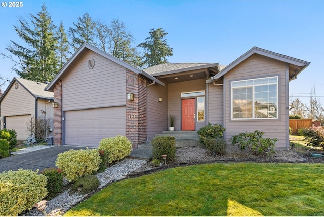 view of front of home featuring concrete driveway, brick siding, a front lawn, and an attached garage