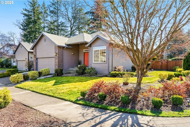 ranch-style home featuring brick siding, a shingled roof, an attached garage, fence, and a front yard