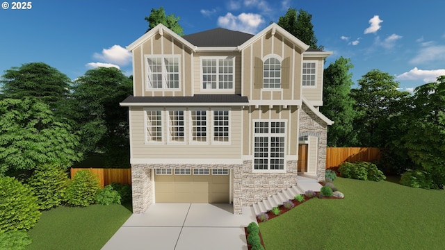 view of front facade featuring a garage and a front lawn