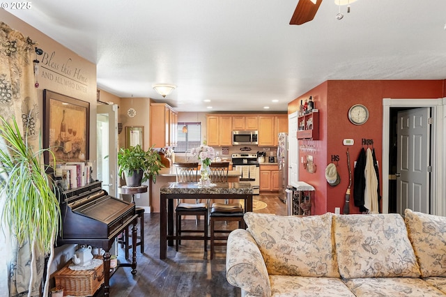 216 Churchill Downs St, Albany, OR 97322 - living room with ceiling fan, wood finished floors, and recessed lighting