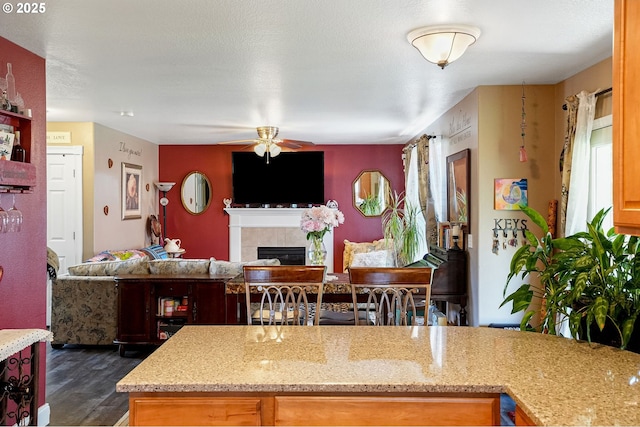 216 Churchill Downs St, Albany, OR 97322 - kitchen featuring ceiling fan, dark wood-style floors, a tiled fireplace, open floor plan, and light stone countertops