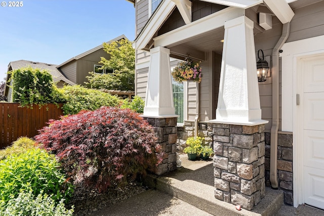 216 Churchill Downs St, Albany, OR 97322 - view of exterior entry featuring covered porch and stone siding