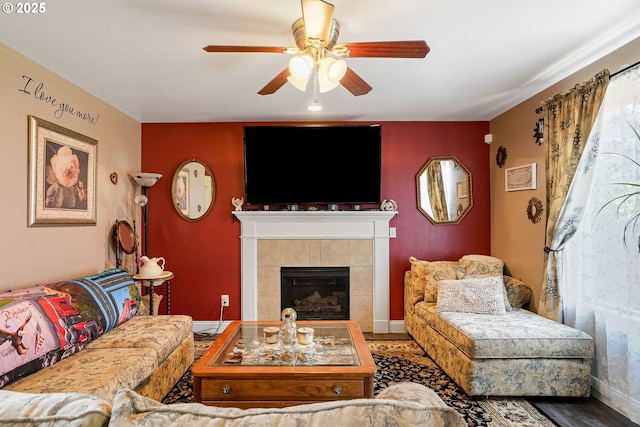 216 Churchill Downs St, Albany, OR 97322 - living room with ceiling fan, a fireplace, and wood finished floors