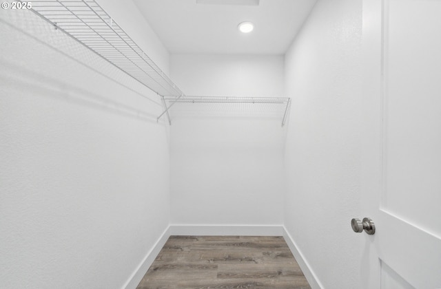 walk in closet with wood finished floors