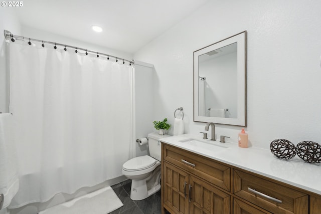 full bathroom featuring vanity, toilet, recessed lighting, and shower / tub combo