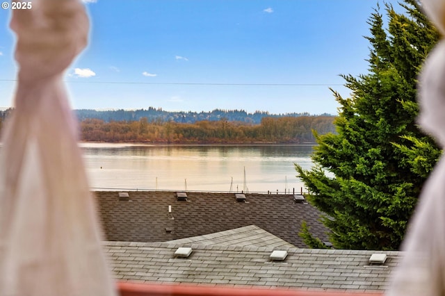 view of water feature with a forest view