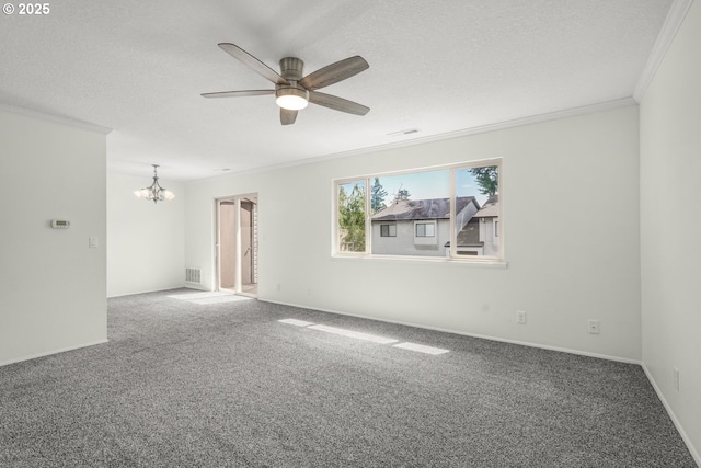 12510 SE Stark St Unit H, Portland, OR 97233 - empty room featuring crown molding, a chandelier, a ceiling fan, carpet, and a textured ceiling