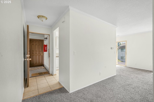 12510 SE Stark St Unit H, Portland, OR 97233 - hallway featuring ornamental molding, light carpet, a textured ceiling, and baseboards