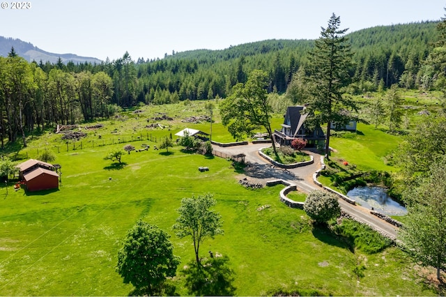 bird's eye view with a mountain view and a wooded view