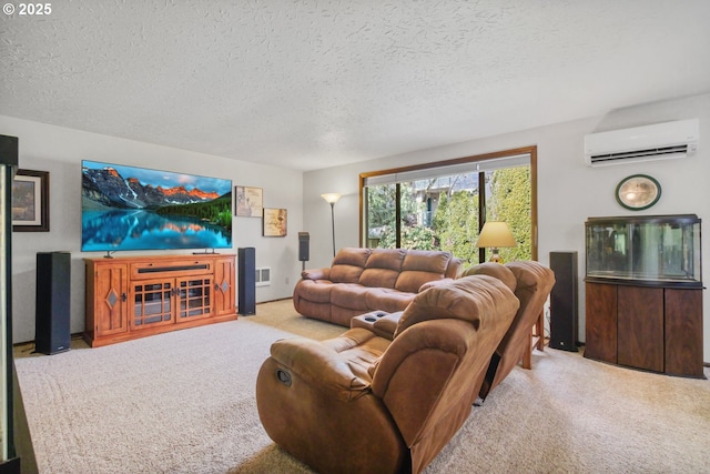 living room featuring carpet, a textured ceiling, and a wall unit AC