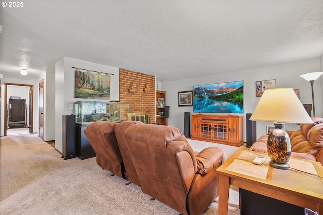 living area featuring a brick fireplace, light carpet, and a textured ceiling