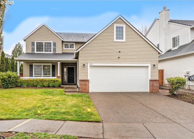 2462 NE 11th Ave, Hillsboro, OR 97124 - traditional home with brick siding, concrete driveway, a front lawn, and a porch