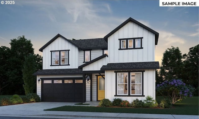 8705 S 4th Way, Ridgefield, WA 98642 - modern inspired farmhouse featuring roof with shingles, board and batten siding, driveway, and a garage