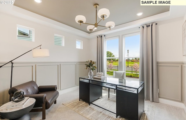 8705 S 4th Way, Ridgefield, WA 98642 - office with a raised ceiling, a decorative wall, a chandelier, a wainscoted wall, and light colored carpet