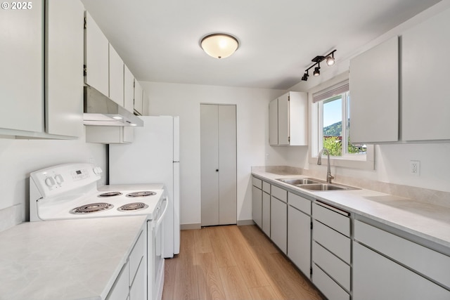 kitchen featuring electric range, light countertops, under cabinet range hood, a sink, and light wood-style flooring