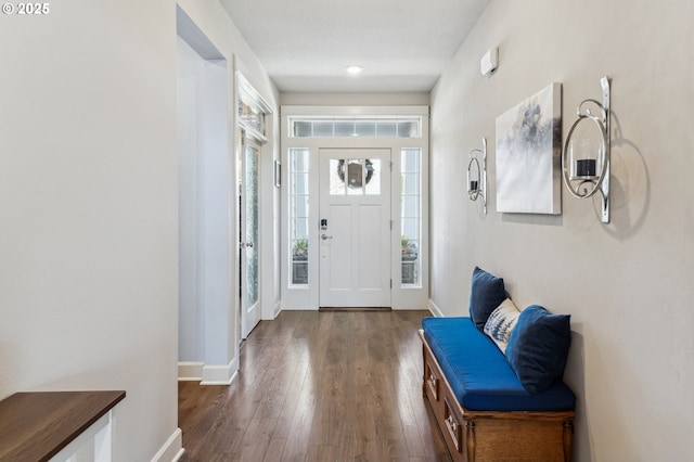 foyer entrance featuring wood-type flooring and baseboards