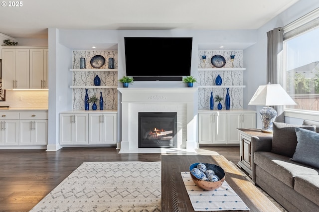 living room featuring a glass covered fireplace and wood finished floors