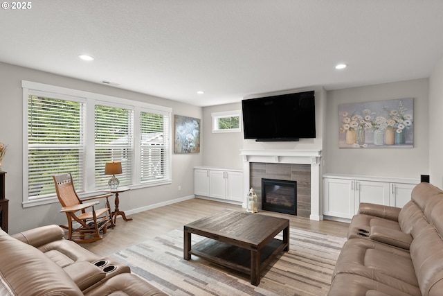 living room featuring a fireplace and light hardwood / wood-style floors