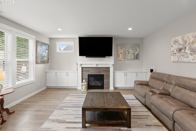 living room with a fireplace and light hardwood / wood-style floors