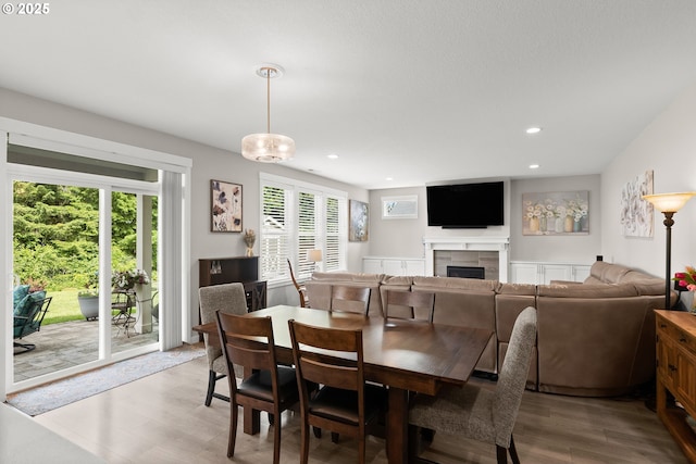 dining space with a tiled fireplace and hardwood / wood-style floors