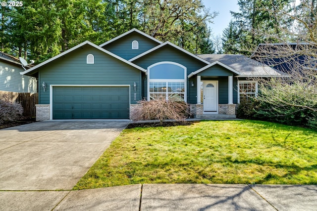 ranch-style house featuring an attached garage, brick siding, fence, driveway, and a front yard