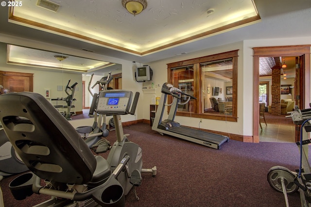 gym featuring a raised ceiling