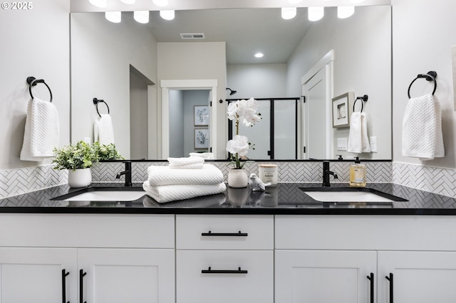 6429 SE Provence St, Hillsboro, OR 97123 - full bathroom featuring backsplash, a shower stall, and double vanity