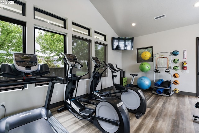 6429 SE Provence St, Hillsboro, OR 97123 - workout area with wood finished floors, lofted ceiling, and recessed lighting